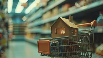 AI generated a close-up of a cardboard house placed within a supermarket cart, illuminated by natural daylight. photo