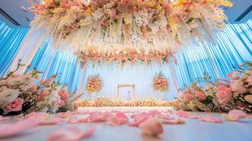 AI generated a romantic wedding stage adorned with delicate flowers, emanating an atmosphere of love and enchantment as couples exchange vows in a breathtaking setting. photo