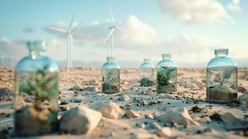 AI generated deserts and the delicate beauty of miniature nature enclosed in glass bottles, symbolizing the importance of environmental protection. photo