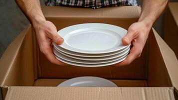 AI generated hands carefully stacking plates into a cardboard moving box, illustrating the meticulous process of packing and securing fragile items for relocation. photo