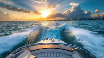 AI generated speedboating through with a realistic close-up shot from the back seat of a speedboat, showcasing the mesmerizing ocean vista during the golden hour, enhanced by captivating shadow play. photo