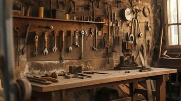 AI generated the old tools hanging on the wall, with a vintage garage style setting that evokes craftsmanship and history. photo