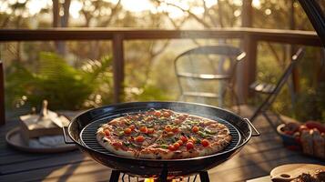 AI generated a sleek Webber grill sizzles with the aroma of pizza being expertly cooked in a picturesque park setting, evoking the ambiance of outdoor culinary delight and camaraderie. photo