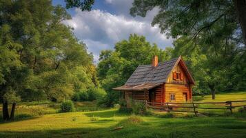 ai generado pueblo vida en serbia con un realista fotografía presentando un pintoresco de madera cabina anidado en medio de el pintoresco campo, evocando un sentido de tranquilidad y serenidad. foto