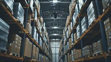 AI generated drones hovering over aisles in a warehouse, diligently scanning barcodes for precise inventory management, showcasing the seamless integration of technology into the supply chain. photo