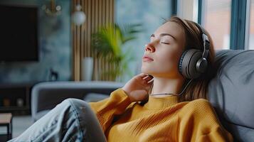 AI generated a relaxed woman lying on the carpet at home, indulging in music through her headphones, exuding a sense of calm and contentment in her portrait. photo