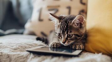 AI generated a small adorable kitten gazing curiously at a tablet with its tiny paws, evoking a heartwarming scene of domestic comfort and modern technology. photo