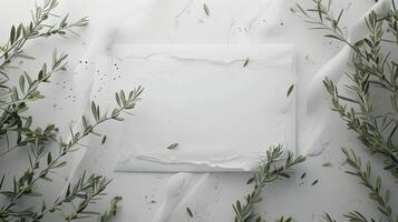 ai generado un blanco saludo tarjeta Bosquejo presentando aceituna árbol ramas delicadamente arreglado en un blanco mesa fondo, Perfecto para Boda invitaciones foto