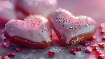 ai generado delicadamente decorado dulces, en forma de corazon galletas adornado con rosado y rojo Formación de hielo, y rociado con comestible Brillantina, evocando un sentido de romance y indulgencia. foto