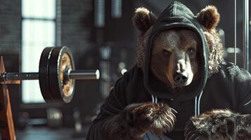 AI generated a bear with fur and brown eyes dons a black hoodie and grey shorts, showcasing strength and determination while lifting heavy weights in the gym, enveloped in an atmosphere of motivation. photo