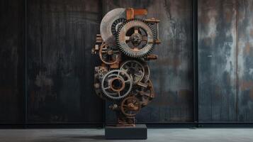 AI generated drum brakes, gears, and assorted metal components artfully displayed on a pedestal, against a grey, oxidized background, evoking an industrial ambiance that celebrates precision photo