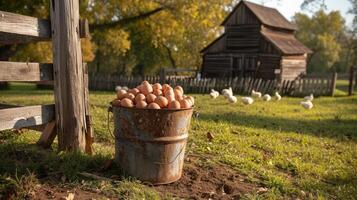 AI Generated a sturdy bucket brimming with freshly collected eggs, nestled beside the picket fence of a rustic chicken coop, epitomizing the charm of country living. photo