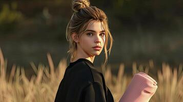 ai generado un mujer con rubio pelo estilizado en un casual bollo, sin esfuerzo exhibiendo un llanura negro Cuello redondo camisa de entrenamiento con No arrugas, su comportamiento exudando confianza como ella lleva un enrollada rosado foto