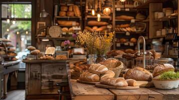 AI generated a quaint bakery, where artisanal bread varieties are artfully arranged on a rustic wooden counter, tempting passersby with their delicious aroma. photo