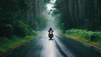 ai generado un moto conductor navegando mediante el lluvia en un densamente arbolado camino, el reluciente gotas de lluvia y lozano follaje creando un cautivador ambiente de de la naturaleza abrazo foto