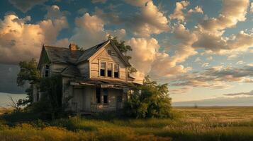 AI generated an old dilapidated house, weathered by time and neglect, in a realistic photograph that evokes a sense of nostalgia and abandonment. photo