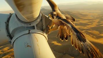 AI generated a majestic falcon soaring gracefully between the towering blades of a wind turbine, showcasing the intricate balance between wildlife and renewable energy. photo