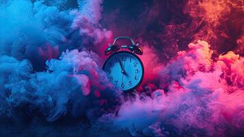 AI generated a clock rings loudly, its vibrant colors blending with bright colored smoke, creating a visually striking scene of alertness and heightened awareness. photo