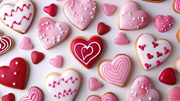 ai generado un formación de temática golosinas y en forma de corazon galletas, delicadamente embellecido con rosado y rojo Formación de hielo, espumoso con comestible Brillantina en contra un prístino blanco antecedentes. foto