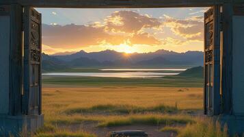 ai generado mongol paisajes mediante un marco dentro un marco composición, dónde el silueta de un yurta portón marcos un distante ver de pastizales, un lago, y majestuoso montañas. foto