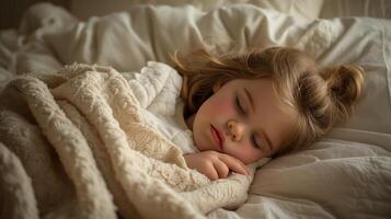 AI generated a little girl as she sleeps soundly in bed, nestled under a plush, soft, textured blanket that envelops her in warmth and comfort, creating a serene and cozy atmosphere. photo