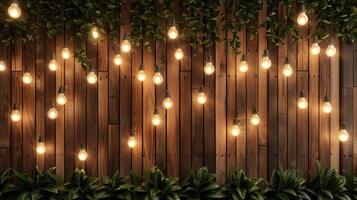 AI generated a wood wall adorned with warm bulb lights, creating a cozy and inviting atmosphere in a living space or cafe setting. photo