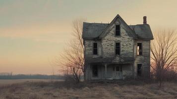 AI generated an old dilapidated house, weathered by time and neglect, in a realistic photograph that evokes a sense of nostalgia and abandonment. photo