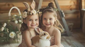 AI generated twin sisters as they hold the Easter bunny, where the juxtaposition of their youthful innocence with the sleek contemporary setting emphasizes the contrast between tradition and modernit photo