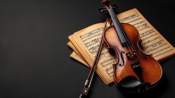 AI Generated a violin accompanied by its bow and sheet music, elegantly poised on a black background, with clean lines and natural shadows enhancing its ultra-detailed craftsmanship. photo