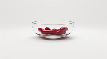 AI generated a medicine tablet placed in a glass bowl against a clean white background, accentuate the texture and form of the tablet, evoking a sense of precision in pharmaceutical imagery. photo