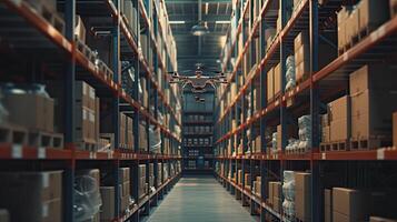 AI generated drones hovering over aisles in a warehouse, diligently scanning barcodes for precise inventory management, showcasing the seamless integration of technology into the supply chain. photo