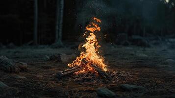 ai generado un flameante fuego en contra un oscuro negro fondo, evocando un primitivo sentido de comodidad y intriga en medio de el oscuridad. foto