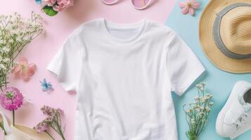 ai generado un blanco camiseta Bosquejo presentando un blanco camisa plantilla, adornado con vibrante primavera accesorios en contra un suave pastel fondo, Perfecto para transporte un Fresco y estacional estilo. foto