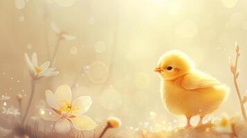 AI generated a very cute yellow chick standing against a captivating light monochromatic background, with a delicate flower nearby, creating a heartwarming and enchanting scene of innocence and beauty photo