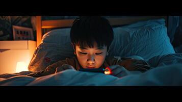 AI generated a Chinese boy engrossed in his mobile phone while lounging in bed, the soft glow of the screen illuminating his face, highlighting the allure of modern technology in everyday life. photo