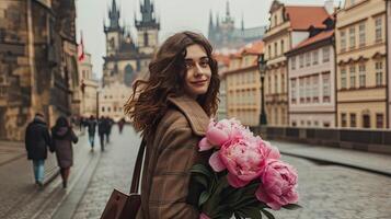 ai generado un 35 años mujer, su cara iluminado por un brillante sonrisa como ella graciosamente sostiene un grande ramo de flores de peonias, su alto estatura y elegante Saco agregando a el seducir de el escena. foto