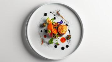 ai generado un hermosamente estilizado plato preparado con precisión y meticuloso atención a detalle, atractivo espectadores a complacer en culinario deleitar. foto