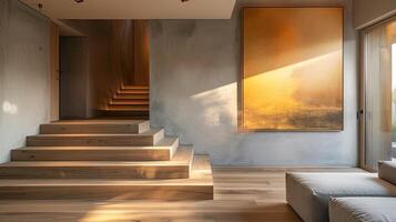 AI generated a Zen-style living space with stairs, an oil painting in a wooden frame, in light gray and amber tones, while a mural with a translucent overlay adds depth and tranquility to the space photo