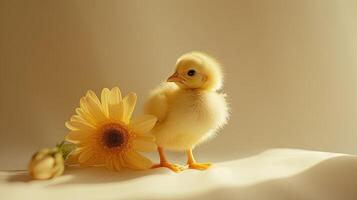AI generated a very cute yellow chick standing against a captivating light monochromatic background, with a delicate flower nearby, creating a heartwarming and enchanting scene of innocence and beauty photo