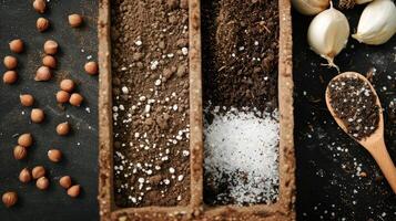 AI generated vegetable seeds with a mix of coco coir, peat, and perlite, showcasing the essential components of a healthy and fertile growing medium in a gardening setting. photo
