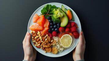 ai generado un plato dividido dentro secciones, un equilibrado dieta ese enfatiza el importancia de el Derecha tipos de grasas, contrarrestar el noción ese saturado grasas de cardiovascular enfermedad. foto