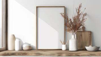 AI generated a blank poster frame mockup placed on a sleek shelf cabinet, exuding minimalistic elegance and bathed in natural light, inviting viewers to envision their own personalized artwork photo