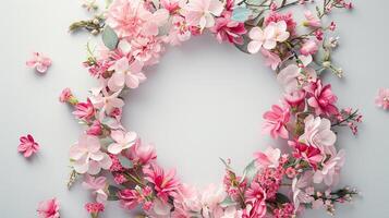 AI generated a floral wreath delicately arranged on a light background, with ample space for text, perfect for wedding invitations, greeting cards, or announcements, exuding beauty and sophistication. photo