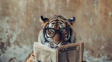 ai generado Tigre vistiendo negro lentes como eso se involucra en el Actuar de leyendo un periódico en contra un sereno, de color claro fondo foto