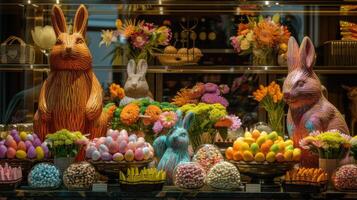 AI generated an artisanal chocolate shop adorned with vibrant displays of intricately crafted chocolate sculptures and delectable treats, inviting visitors to indulge in the sweetness of the season. photo