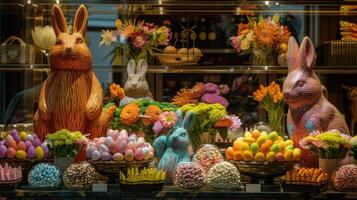 ai generado un artesanal chocolate tienda adornado con vibrante muestra de intrincadamente hecho a mano chocolate esculturas y delicioso golosinas, atractivo visitantes a complacer en el dulzura de el estación. foto