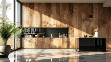 AI generated a carpentry wall surface structure design, enhanced by a glossy finish that accentuates the natural beauty and texture of the wood, creating a stunning visual focal point in any interior photo