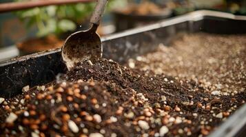 AI generated vegetable seeds with a mix of coco coir, peat, and perlite, showcasing the essential components of a healthy and fertile growing medium in a gardening setting. photo