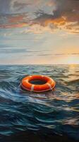 AI generated safety and hope amidst the vastness of the open sea with an orange lifebuoy floating serenely, symbolizing protection and optimism under the expansive sky. photo