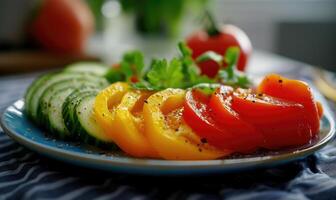 AI generated Fresh vegetable salad with tomatoes, cucumbers, bell pepper, onion and basil on a black plate. photo